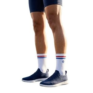 Lululemon Daily Essential Crew Socks White Red Blue Striped Logo Mens Size M NEW